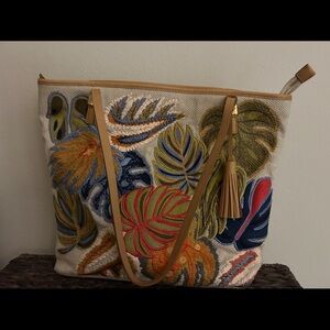 Colorful Red and Blue Tote Bag with Tropical Leaf Design